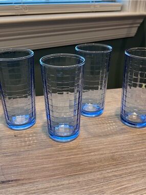 Paşabahçe Blue Grid Pattern Set Of 4 Juice Glasses 5-1/4” Tall 2.5” Dia. 8 Oz.